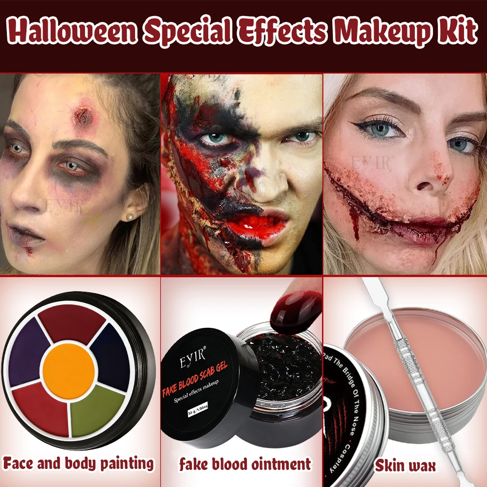 Halloween SFX Makeup Kit Face Body Paint Palette with Scar Wax Fake Blood Gel Sponge for Cosplay Wound Makeup