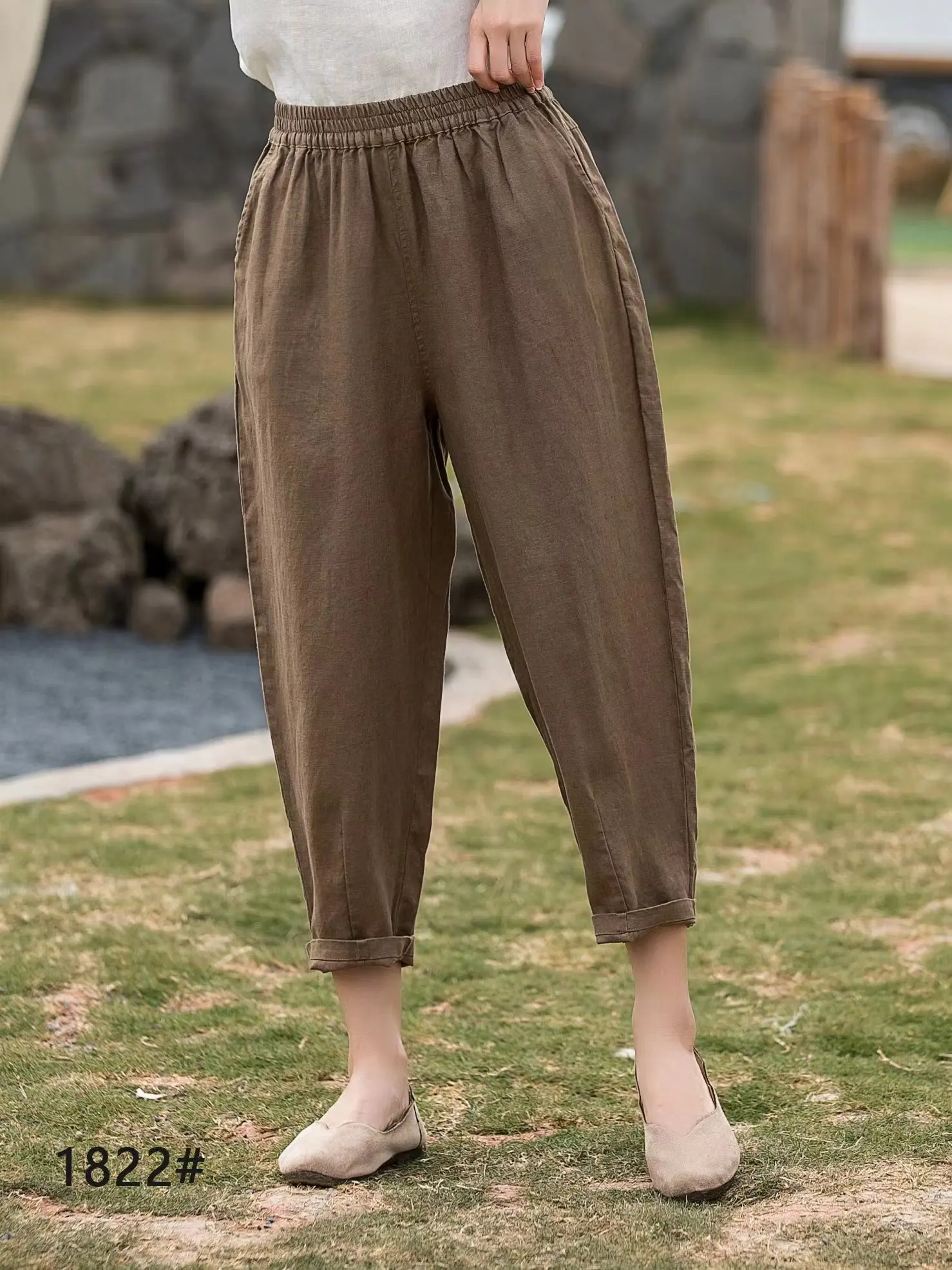 High-End Natural Pure Linen Harem Pants Women's Spring Summer Elastic Waist Pocket Casual Eighteen Full  Versatile Pants