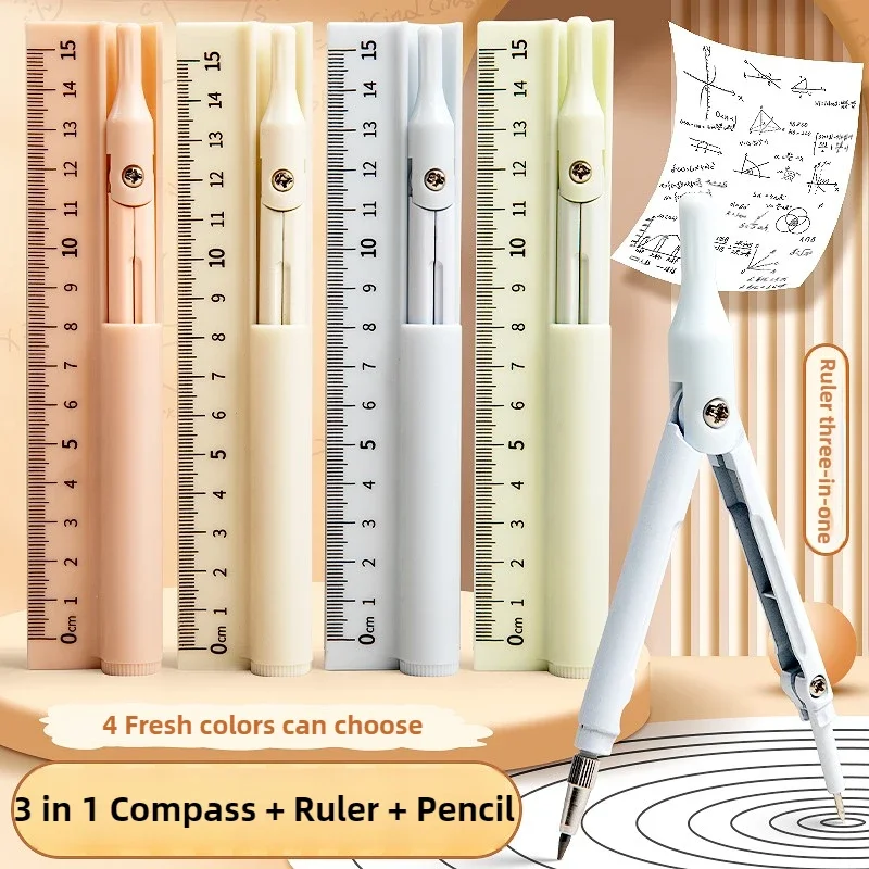 Multifunctional 3 in 1 Compass with Ruler Pencil for Students Compass Angle Ruler School Supplies