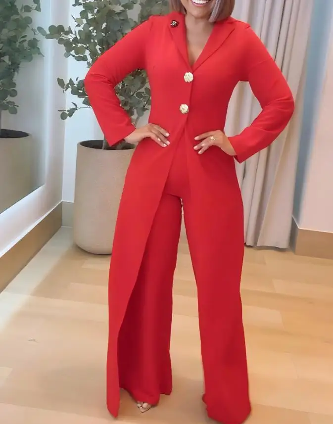 Women's Casual Lapel Jumpsuit Long - Sleeve Design Decorative Button and Cinched Waist Wide Leg Faux Two-Piece Jumpsuit