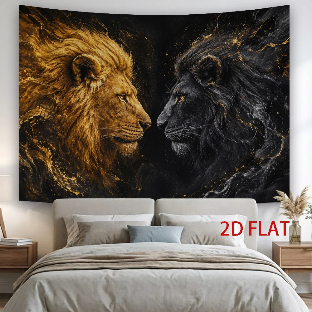 Golden & Black Lion Tapestry, Two Lions Face to Face Abstract Gold Smoke Art, Wild Animal Wall Hanging for Bedroom Dorm Decor