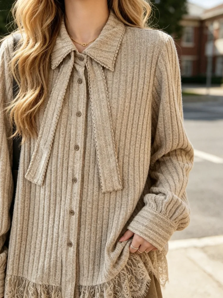 New Autumn Women Ribbed Knit Shirt With Neck Tie, Point Collar Lantern Long‑Sleeve Button‑Down Blouse, Lace Ruffle Hem Loose Top