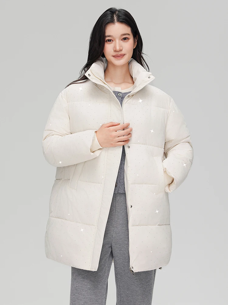 Hiver col montant chaud mi-long coton doudoune femmes blanc canard vers le bas fermeture éclair doudoune femme cordon Parker vêtements d'extérieur