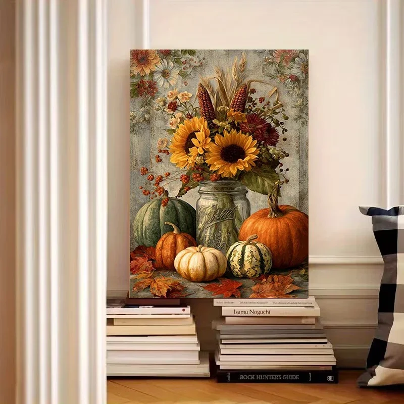 Autumn Harvest Theme Poster and Prints Sunflowers Corn Pumpkins Canvas Painting Wall Art Picture Living Room Home Decor Cuadros
