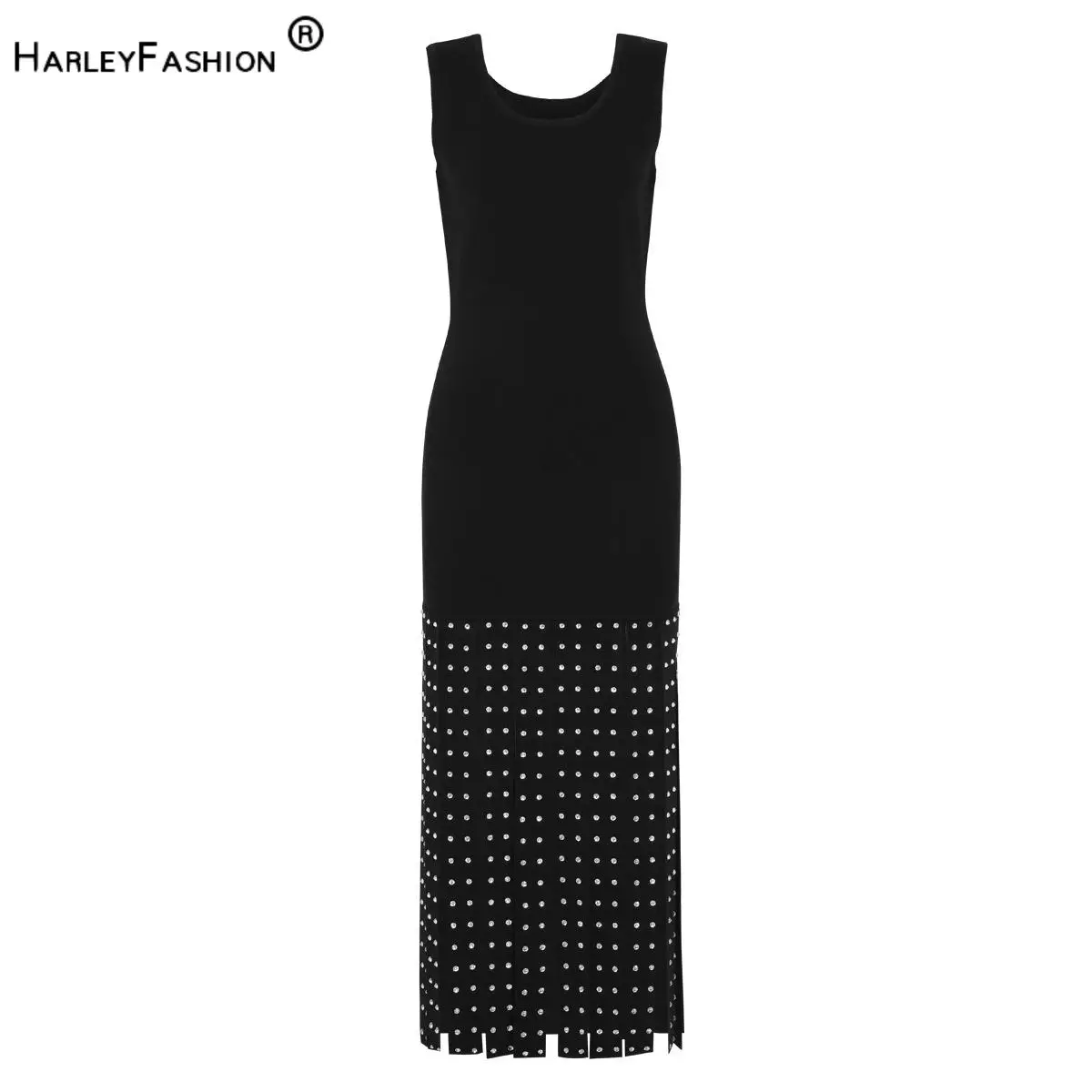 

2026 High Quality Lady Summer Sleeveless Wear Women O-neck Hot Drilling Slit Tassel Hem Knitted Slim Fitted Long Dresses