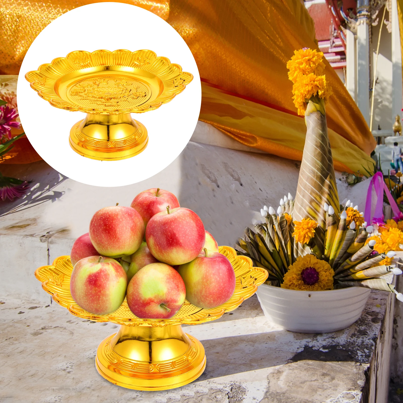 2Pcs Fruitplate Offering Premium PP Lotus High Foot Tribute Plate Retro Tribute Serving Trays Guanyin Tribute Buddhist Articles
