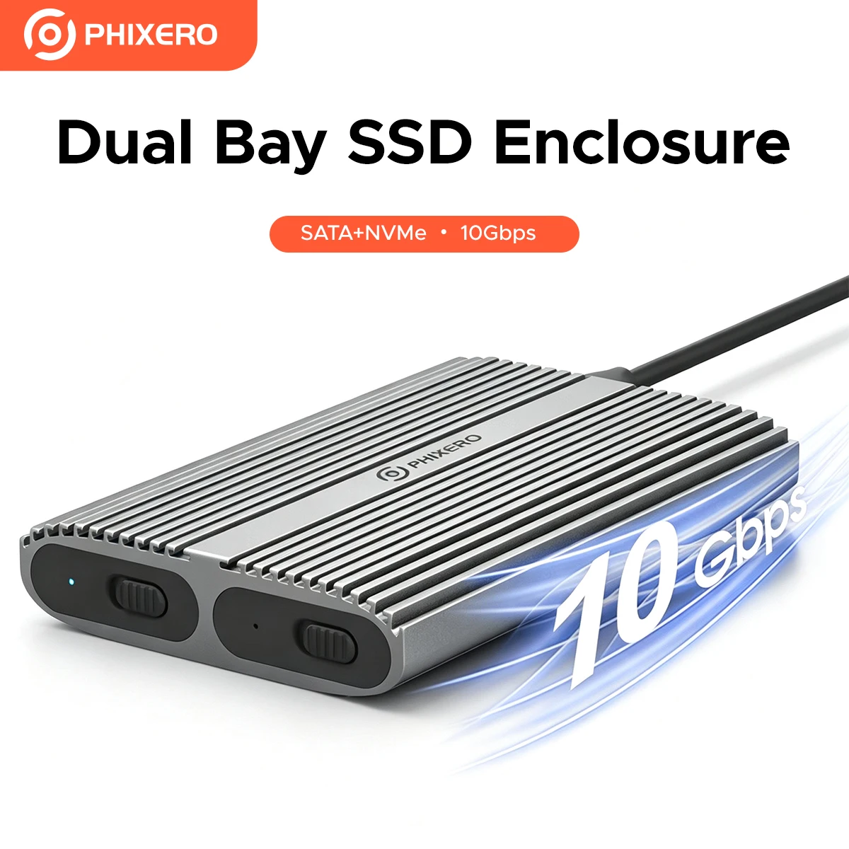 PHIXERO Dual Bay M.2 NVMe SSD Enclosure, 10Gbps High Speed, Thunderbolt 3 Compatible External Hard Drive Case for Windows Mac