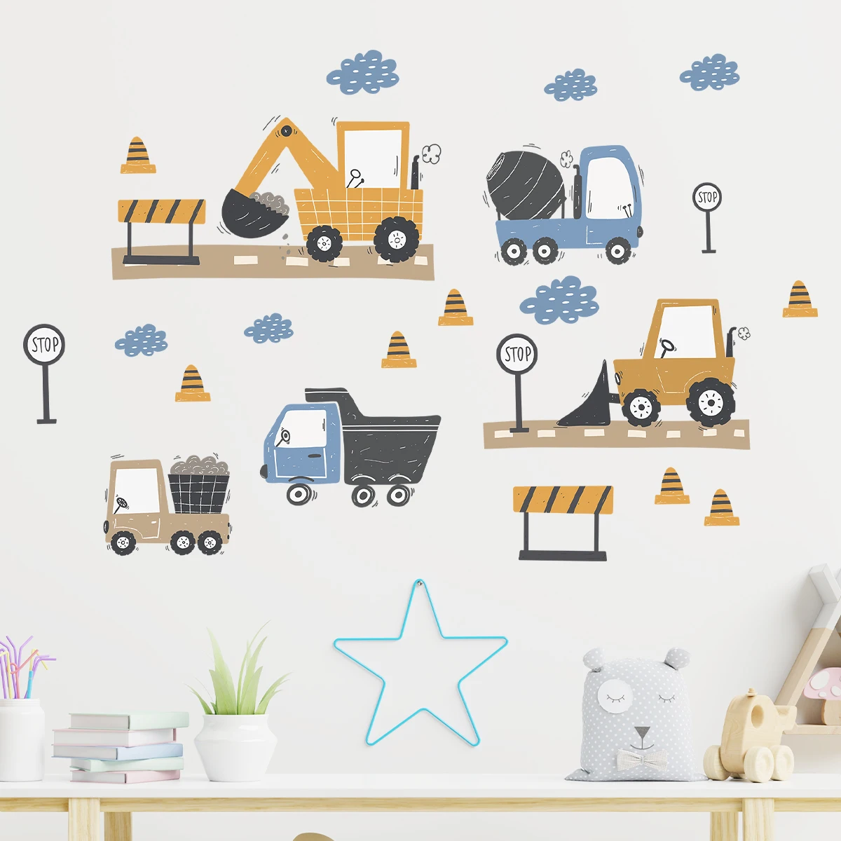 Cartoon Cute Construction Truck Wall Stickers Decoration for Bedroom Wall Decals Home Decore Living Room Wall Art Kids Room