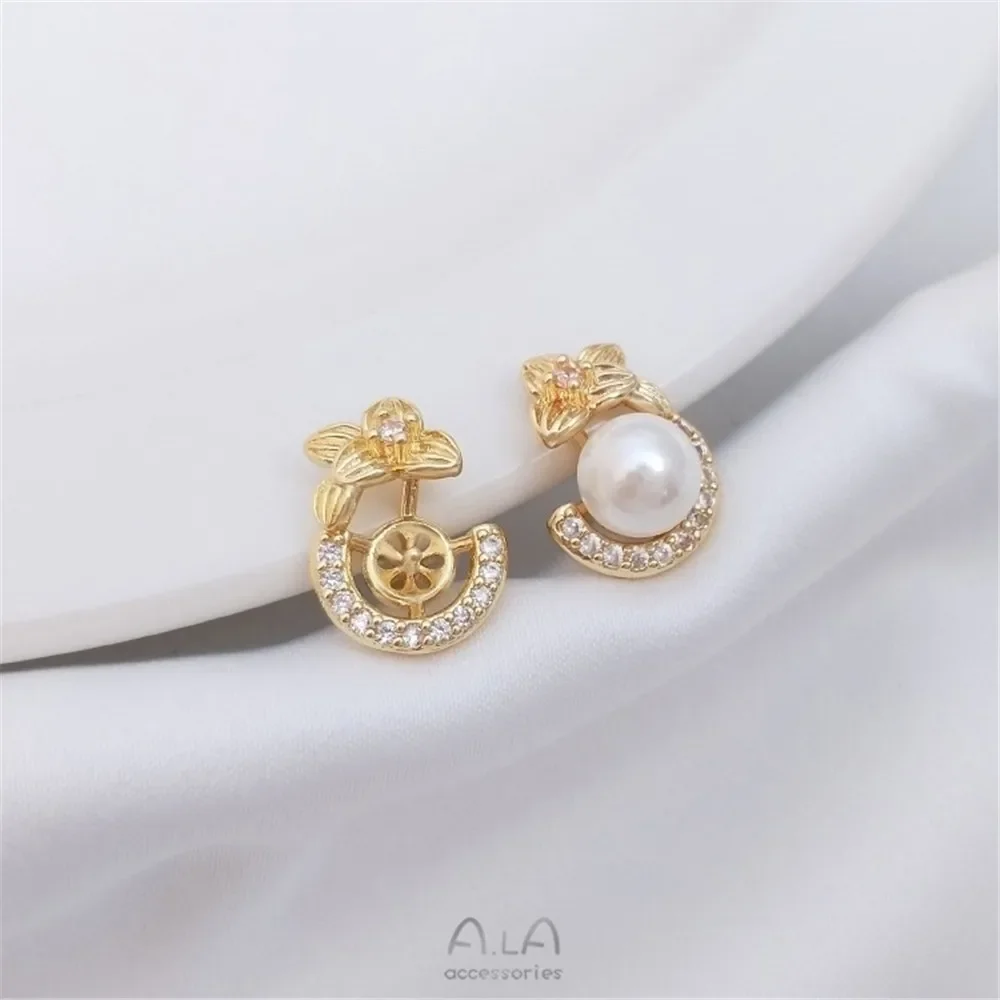 14K Gold Inlaid Zircon Lucky Grass Half Hole Bead Holder Flower Shaped Earrings 925 Silver Ear Needles DIY Sticky Pearl Jewelry