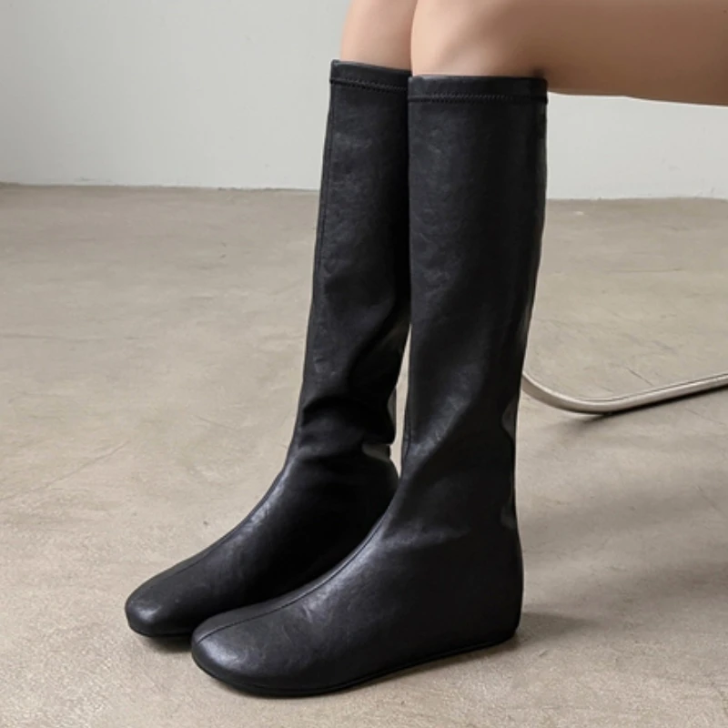 

Women's Black Knee High Boots Genuine Leather Satin Autumn Winter Square toe Western Boot Wedge Heels Long Footwear Shoes Ladies