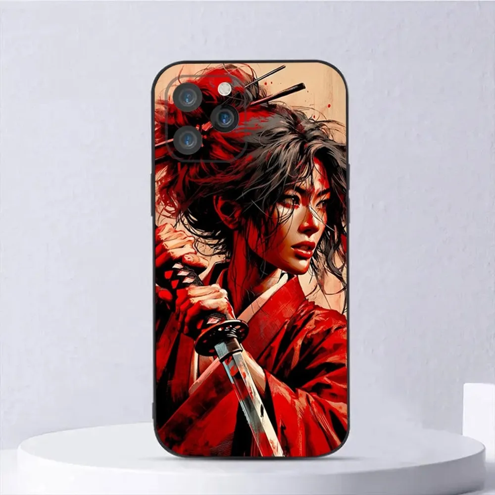 Japanese Samurai Geisha Phone Case For iPhone 15,14,13,12,11,Plus,Pro Max,XS,X,XR,SE,Mini,8,7 Soft Silicone Black Cover