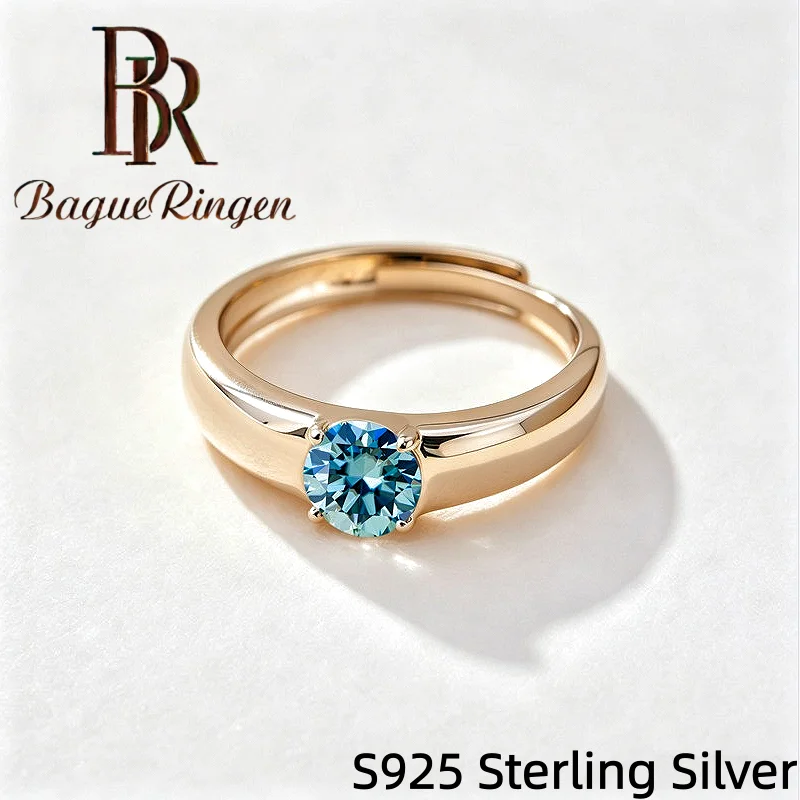 BR 1ct Multi Color Moissanite Ring Adjustable Open S925 Silver Gold Plated Bypass Double Band Solitaire Wedding Jewelry Gift