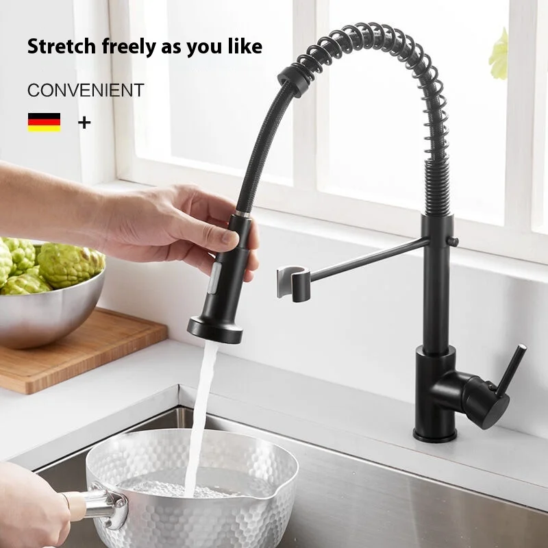 Dual function, kitchen spring faucet, hot and cold water, rotatable, washbasin, sink and pull-out faucet