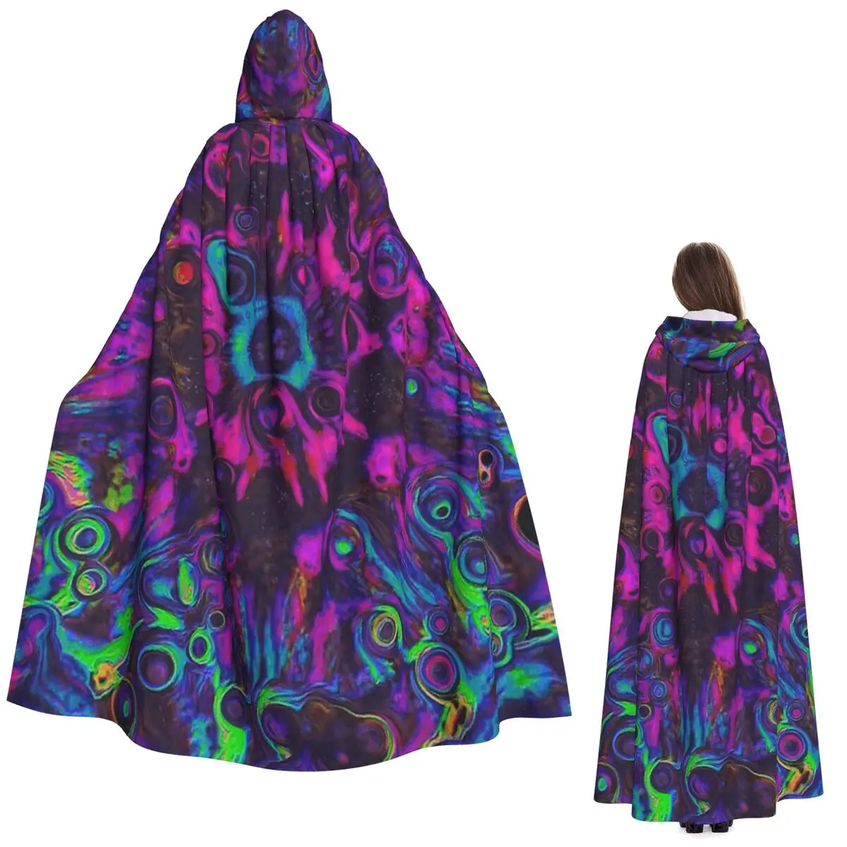 

Psychedelic Black With Vibrant Magic Pattern Long Hooded Cloak Witch Medieval Costume Cosplay Cape HalloweenVampire Adult Unisex