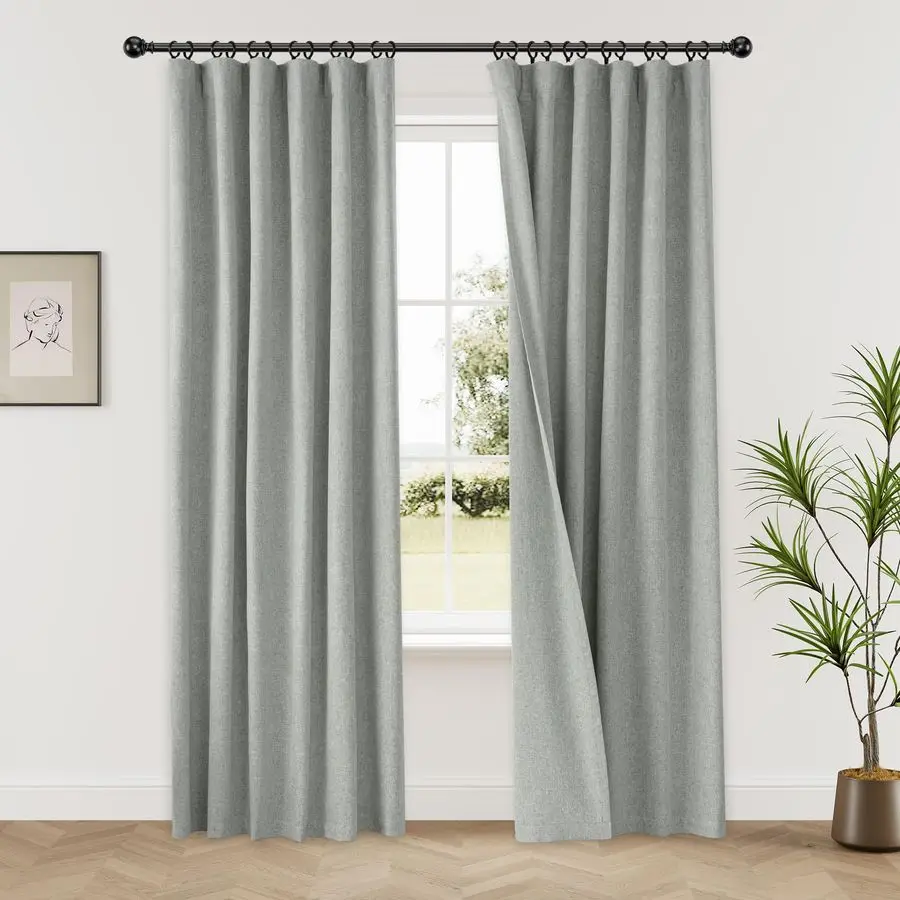 

100 Blackout Linen Curtains 90 Inches Long 2 PCs, Back Tab Rod Pocket Energy Saving Gray Curtains for Bedroom Dining Home Office