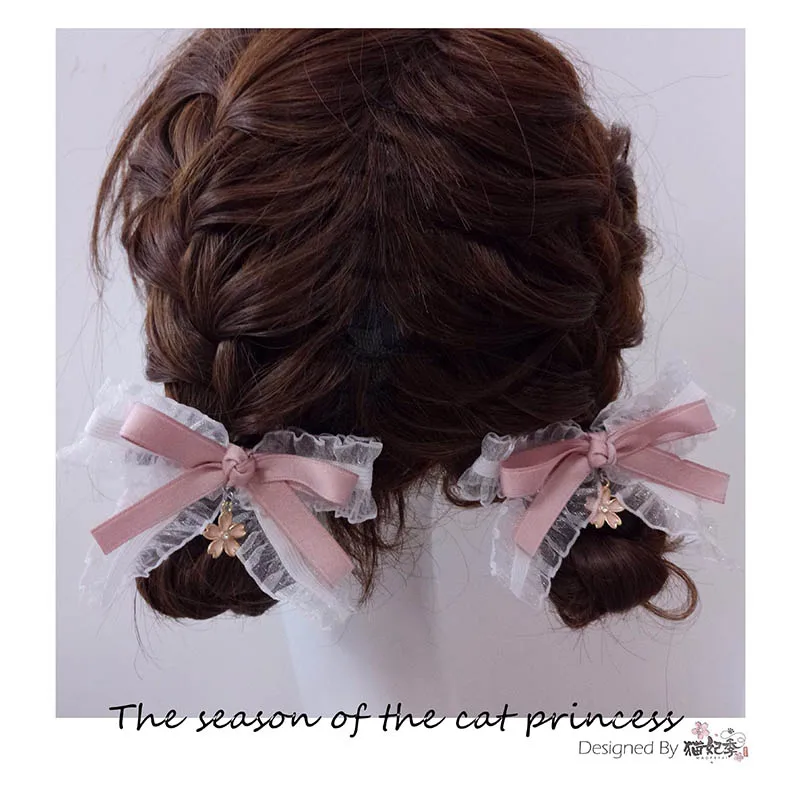 Lolita อุปกรณ์เสริมผมสาว Cherry Blossom สีชมพูคลิปด้านข้างคลิปญี่ปุ่นน่ารักน่ารัก Hairpin Bow Headwear