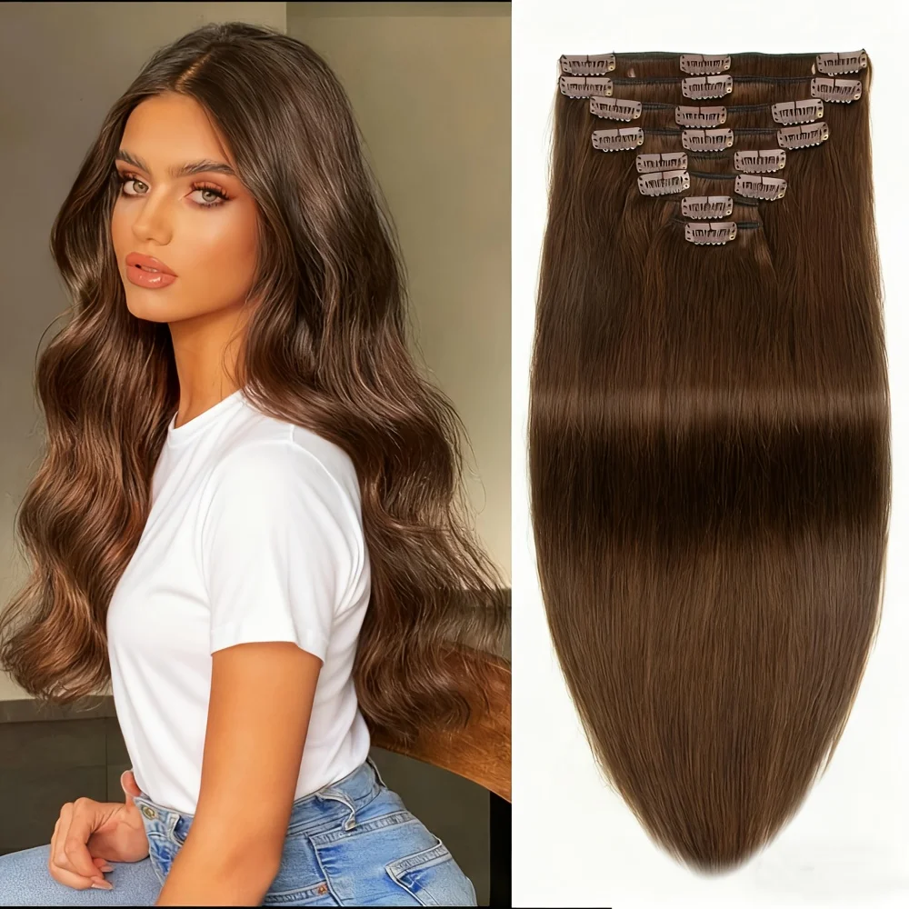 

Набор из 8 штук накладных волос (120 г) из натуральных человеческих волос, цвет шоколадно-коричневый, прямые пряди.