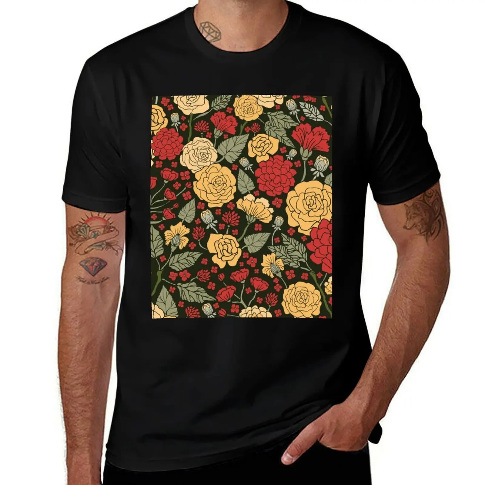 Red, Sage, Black & Cream Floral Pattern T-Shirt Large Size Breathable Tee T-Shirt