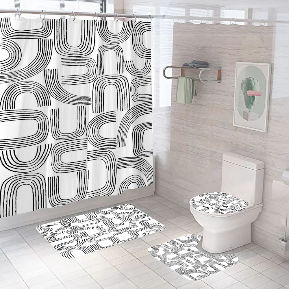 Modern Black White Simple Art Line Print Shower Curtains Bathroom Curtain Set  Anti-skid Rugs Carpet Toilet Cover Bath Mat Set