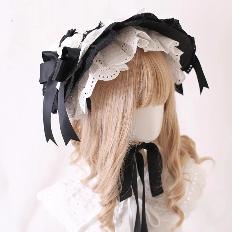 

Color Lolita Original Straw Hat Lace Flower Bow Flat Hat Bonnet Top Hat Girl Headbands Accessories for Women Girls Headband