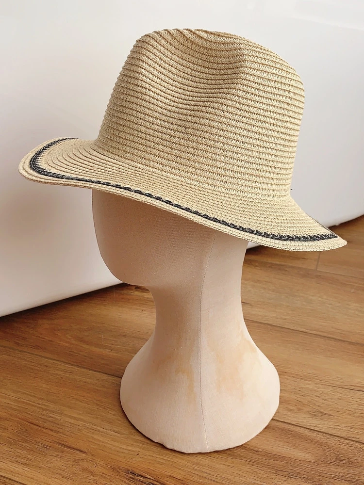 قبعة قش نسائية ، قبعة صيفية للعطلات ، الشاطئ والسفر ، مخطط ، مسطح ، مقاوم للشمس ، طراز ياباني