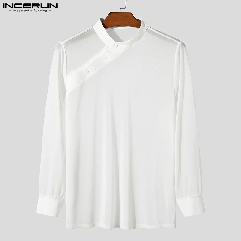 INCERUN Men Shirt Mesh Transparent Solid Color Stand Collar Long Sleeve Men Clothing Sexy 2024 Fashion Party Unisex Shirts S-3XL