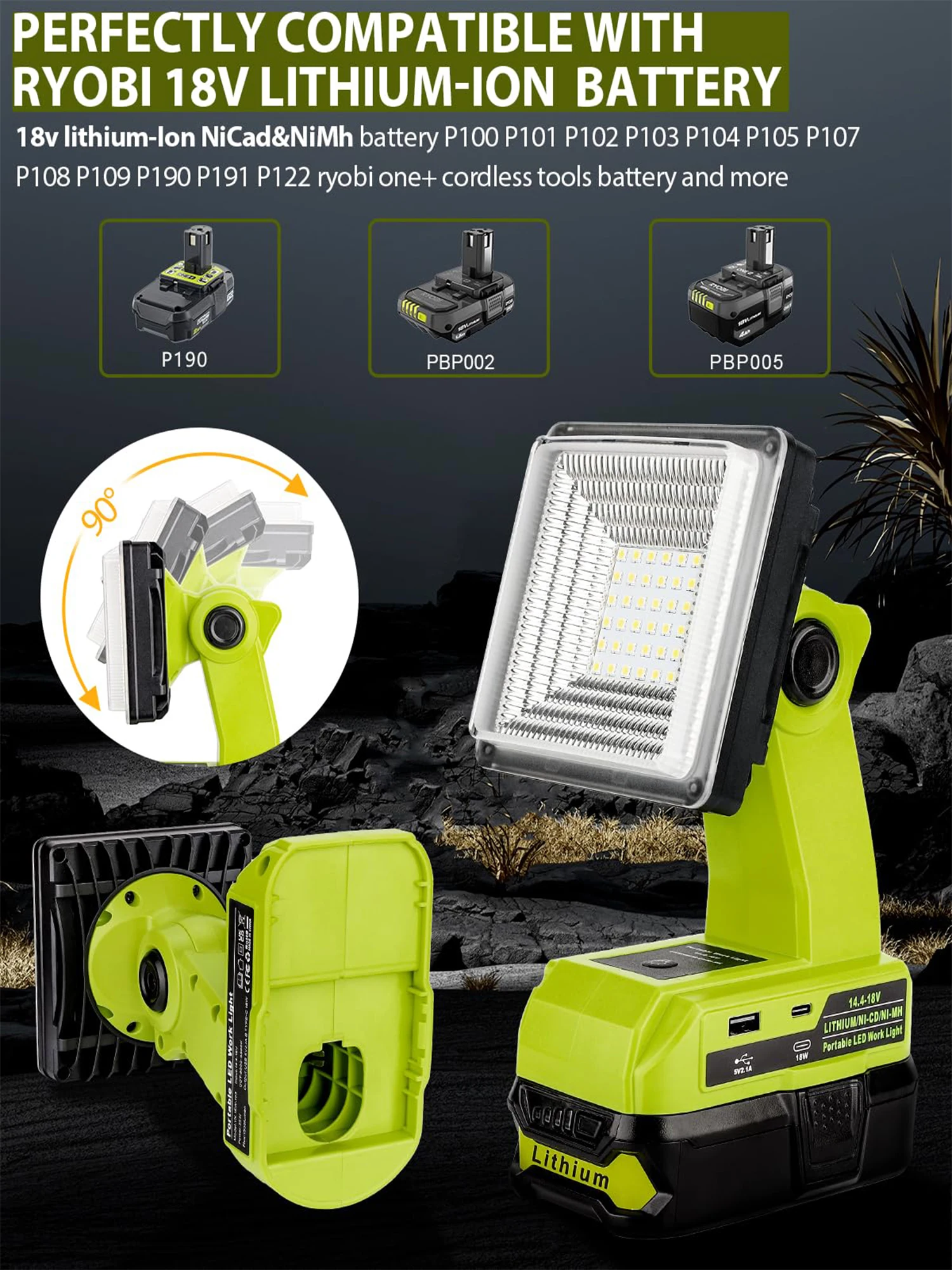 Cordless LED Work Light for Ryobi 18V Battery 25W LED Floodlight with USB-A Fast Charging Port for Jobsite Car Repairing Camping