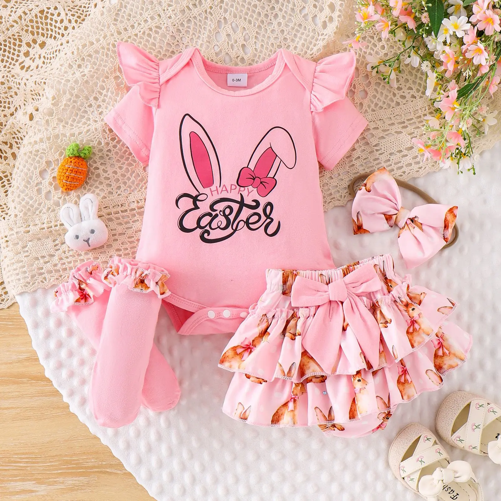 

Комплект из 3 предметов для новорожденных девочек 0-18 месяцев: летний комбинезон с коротким рукавом и милым мультяшным кроликом + юбка с бантом + повязка на голову, наряд для малышей