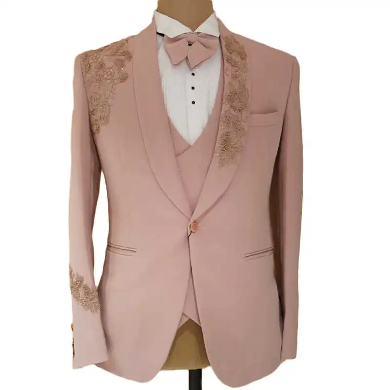 Klasyczna aplikacja garnitury męskie zestaw formalne szalowe klapy zroszony smokingi ślubne drużbowie marynarka zapinana na jeden guzik 3-częściowa sukienka wizytowa