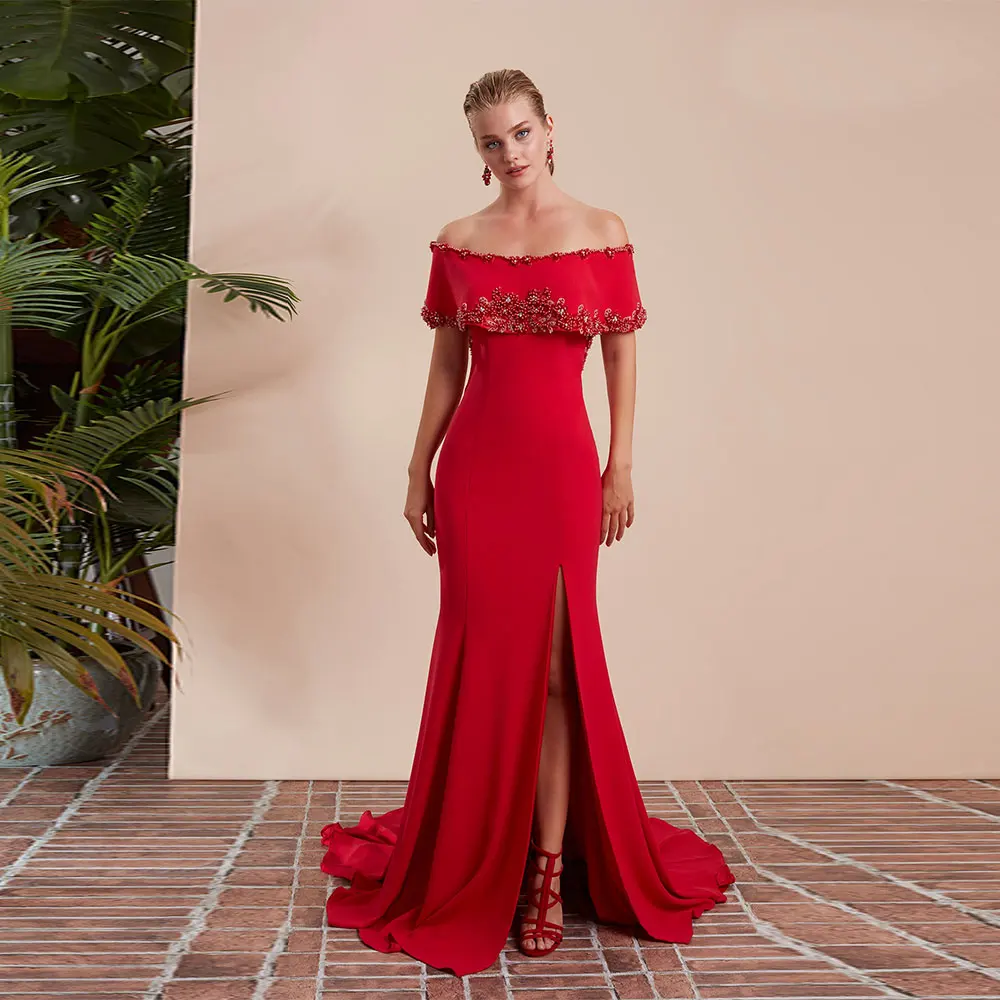 Vestido De Novia De sirena rojo personalizado con hombros descubiertos, manga corta con cuentas, abertura alta, Sexy, con botones, Vestidos De Novia C