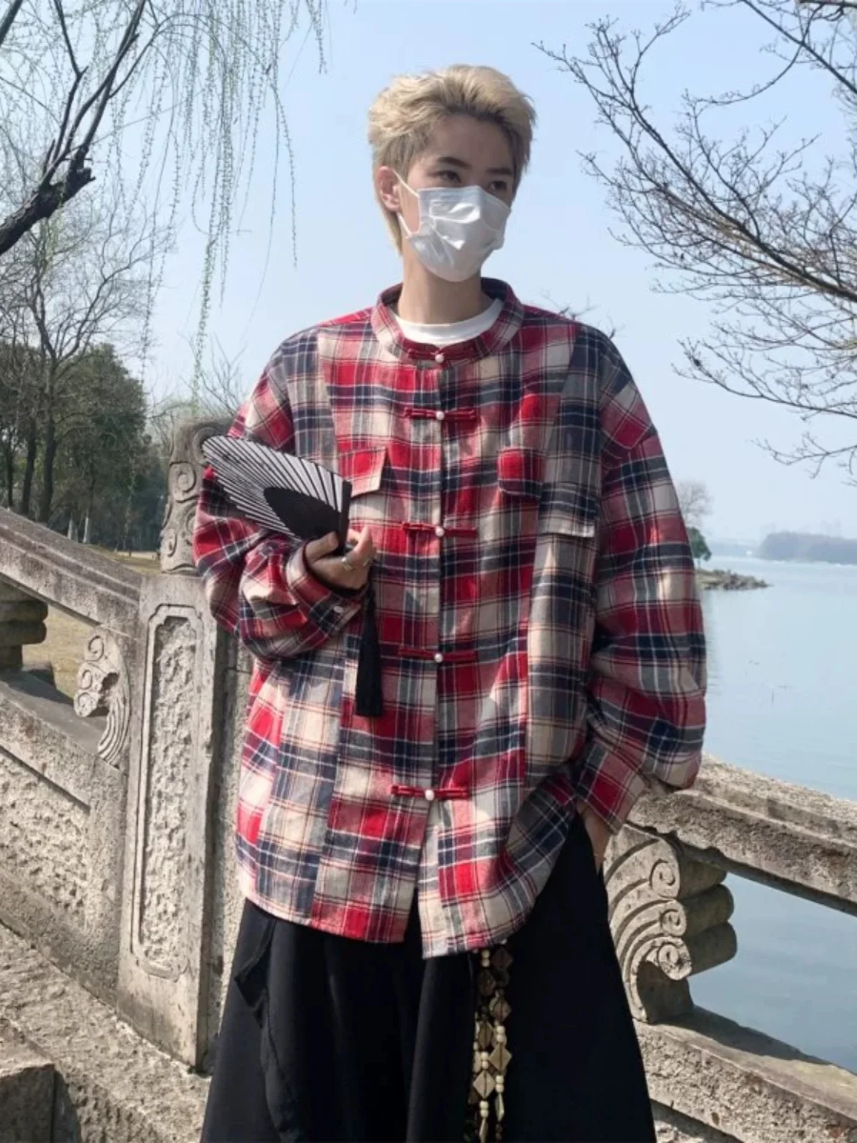

New Chinese Style Men's Long Sleeve Shirt Plaid Spring Autumn Fashionable Casual Button up Cotton Poplin Workwear Coat Jacket