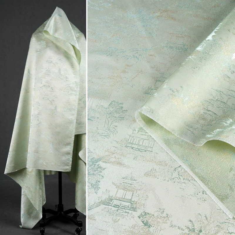 

Light Green Gilded Pavilions Terraces Towers Landscape Woven Brocade Jacquard New Chinese Style Vest Jacket Glossy Fabric