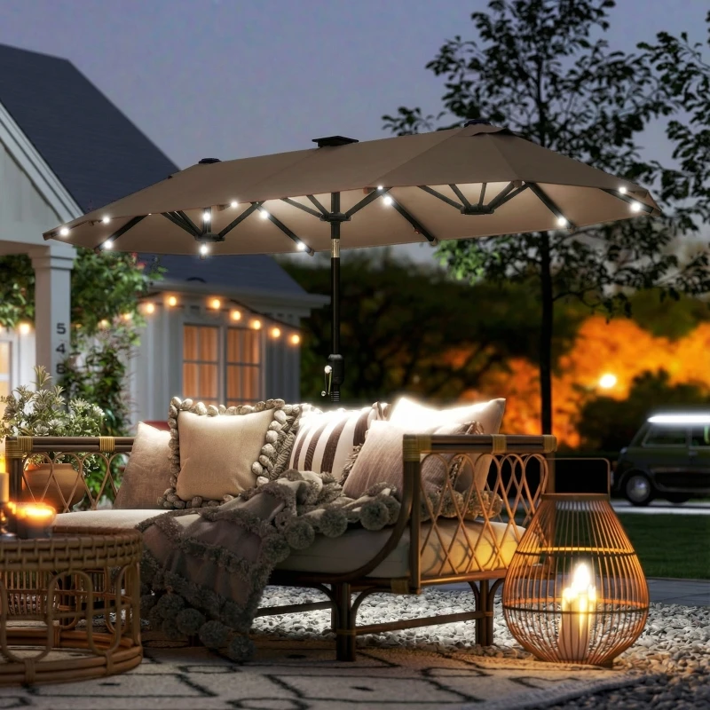 Dubbele terrasparasol 292x150cm met LED-verlichting Handkruk Kantelfunctie Khaki