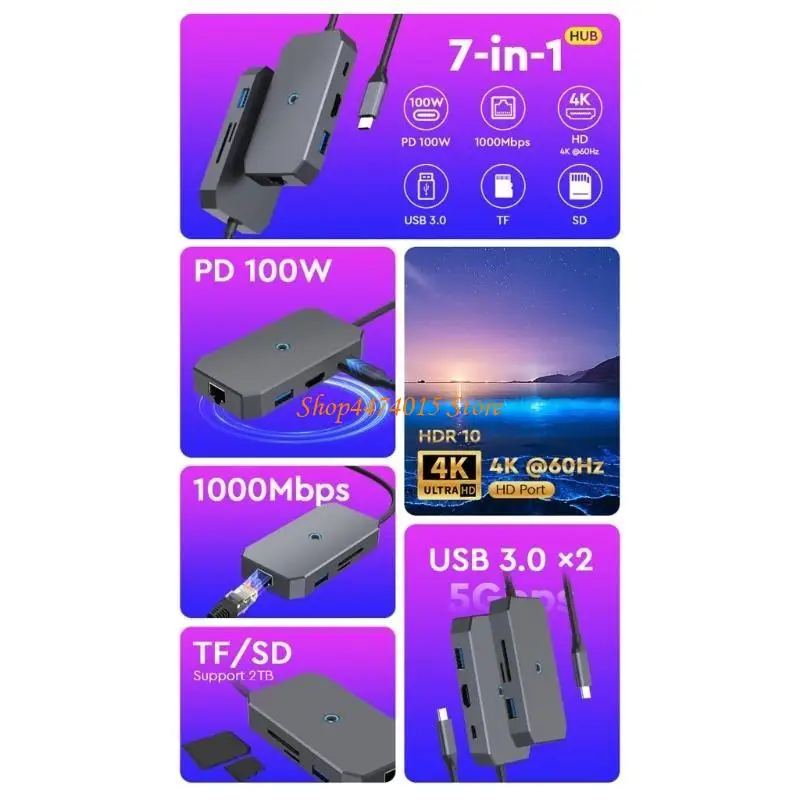 k1aa usbc station ، 7-in-1 typec hub ، يدعم شاشة 4K60Hz ، PD100W 5GBPS 2xUSB3.0