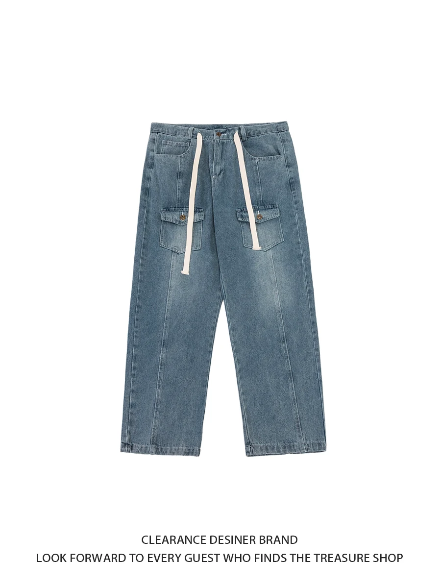 

Мужские повседневные джинсы свободного покроя в американском стиле ретро, рабочая одежда с несколькими карманами, широкие джинсы, универсальные удобные прямые джинсы