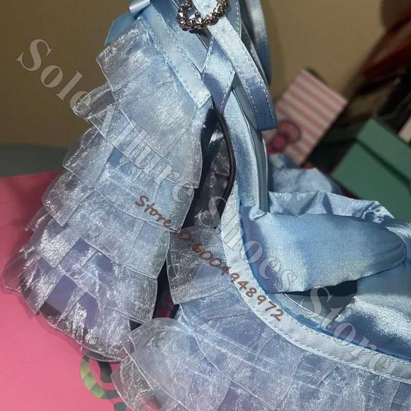 Light Blue Tulle Ruffle Platform Sandals Satin Big Bow Rhinestone Buckle Ankle Strap Chunky Super High Block Heel Lolita Shoes 4