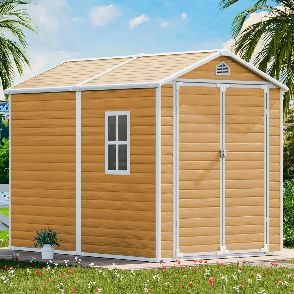 

8x6 FT Resin Storage Shed, Waterproof Large Outdoor Shed with Floor Lockable Door Window Plastic Tool Shed for Outside