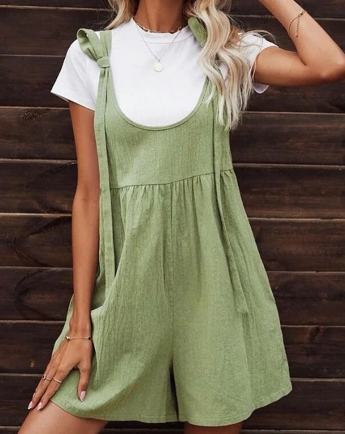 Jumpsuit for Women 2024 Spring Summer Solid Color Casual Simple U-Neck Sleeveless Knotted Pocket Design Suspender Jumpsuit