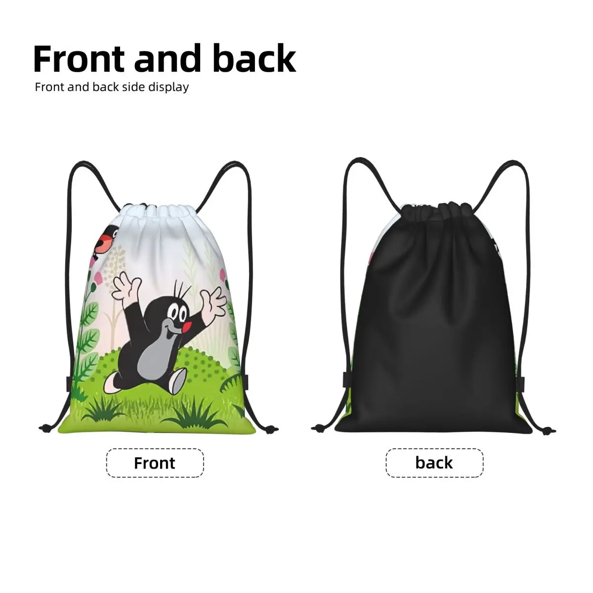 Happy Mole Cartoon Drawstring Backpack Sports Gym Bag for Women Men Krtek Little Maulwurf Training Sackpack