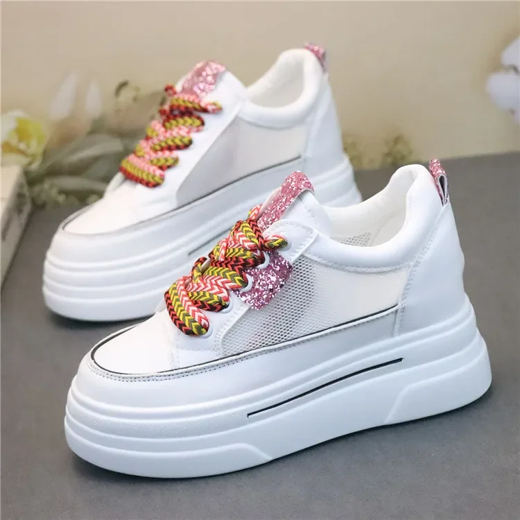 2024 Spring and Summer Mesh Breathable White Shoes Women's Thick Bottom Increase 7CM All-match Casual Sneakers for Students