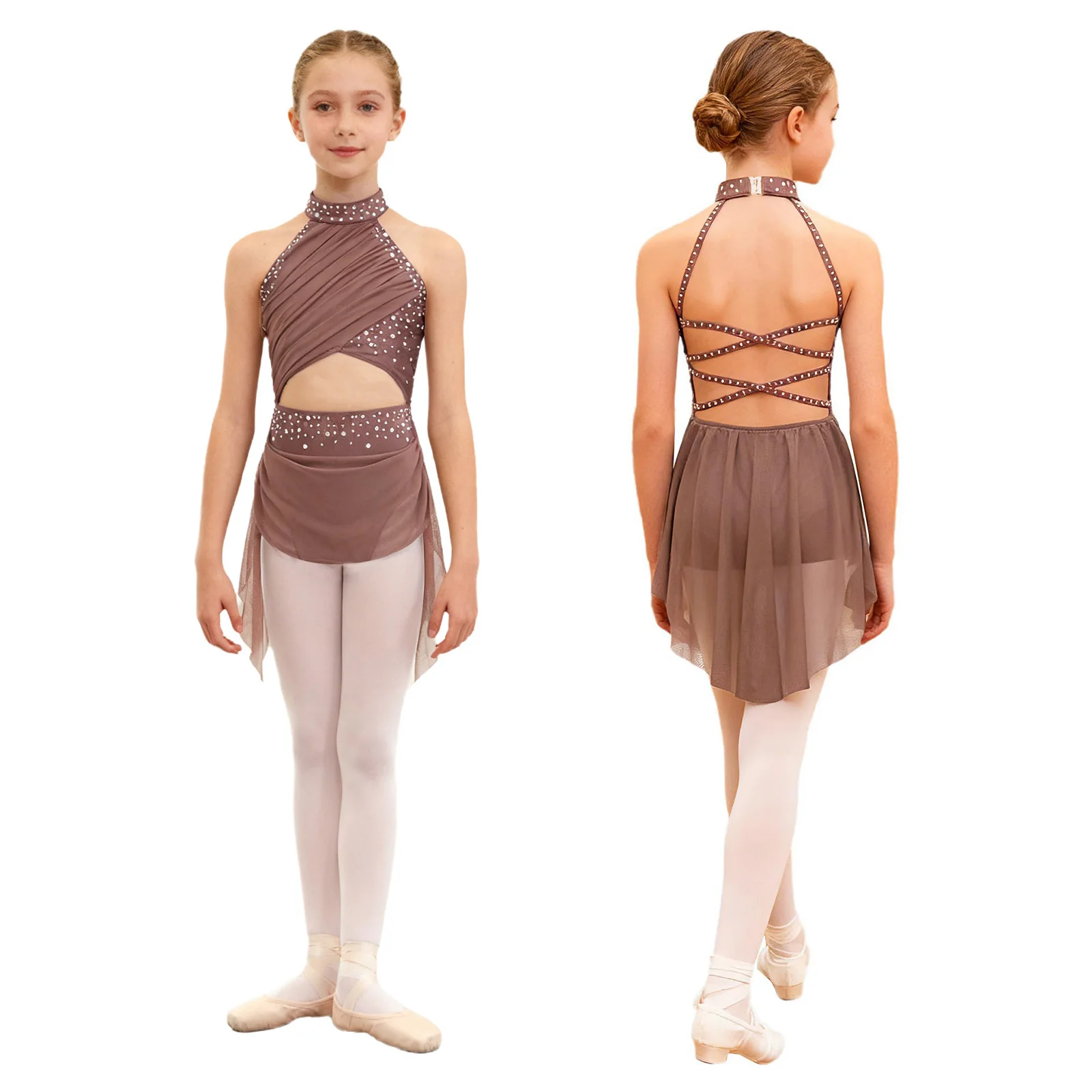 Girls Modern Lyrical Dance Performance Costume Shiny Rhinestone Mesh Figure Skating Ballet Gymnastics Acrobatics Leotard Dress