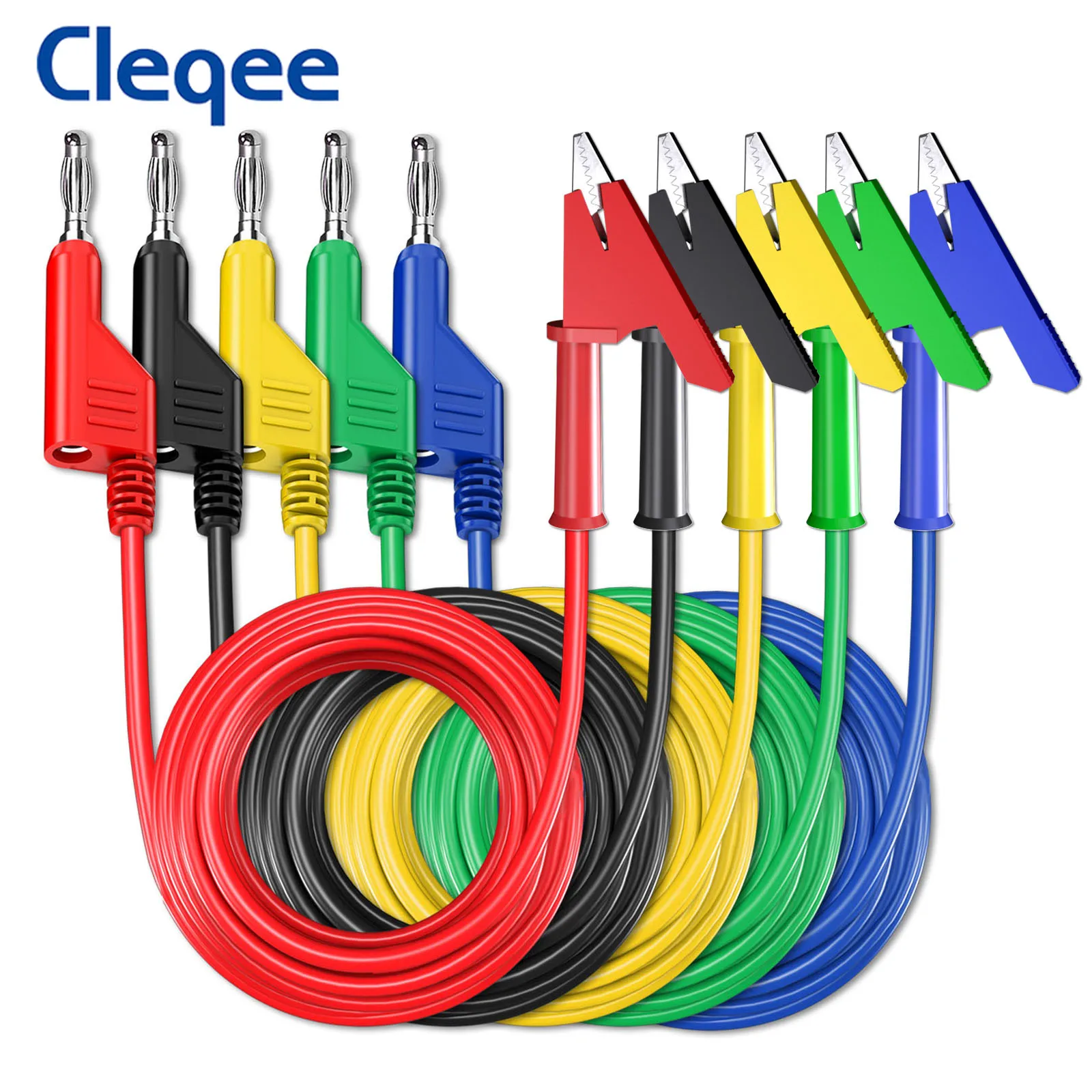 Cleqee P1037 5PCS 4mm Wtyczka bananowa z możliwością układania w stos do zacisku krokodylkowego Zacisk krokodylkowy Multimetr Przewody testowe Miękki kabel testowy PVC Przewód 1M