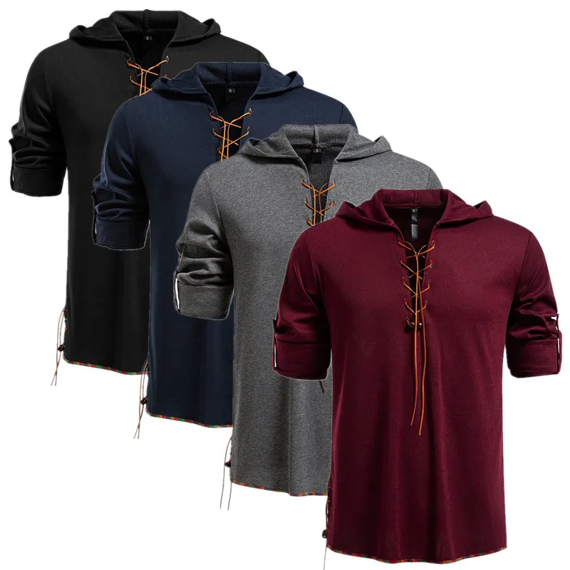

2025 New Men's Long Sleeved Hooded T-shirt with Unique Design Drawstring Top, Fashion Mens Daily Sports Breathable Tee Shirts