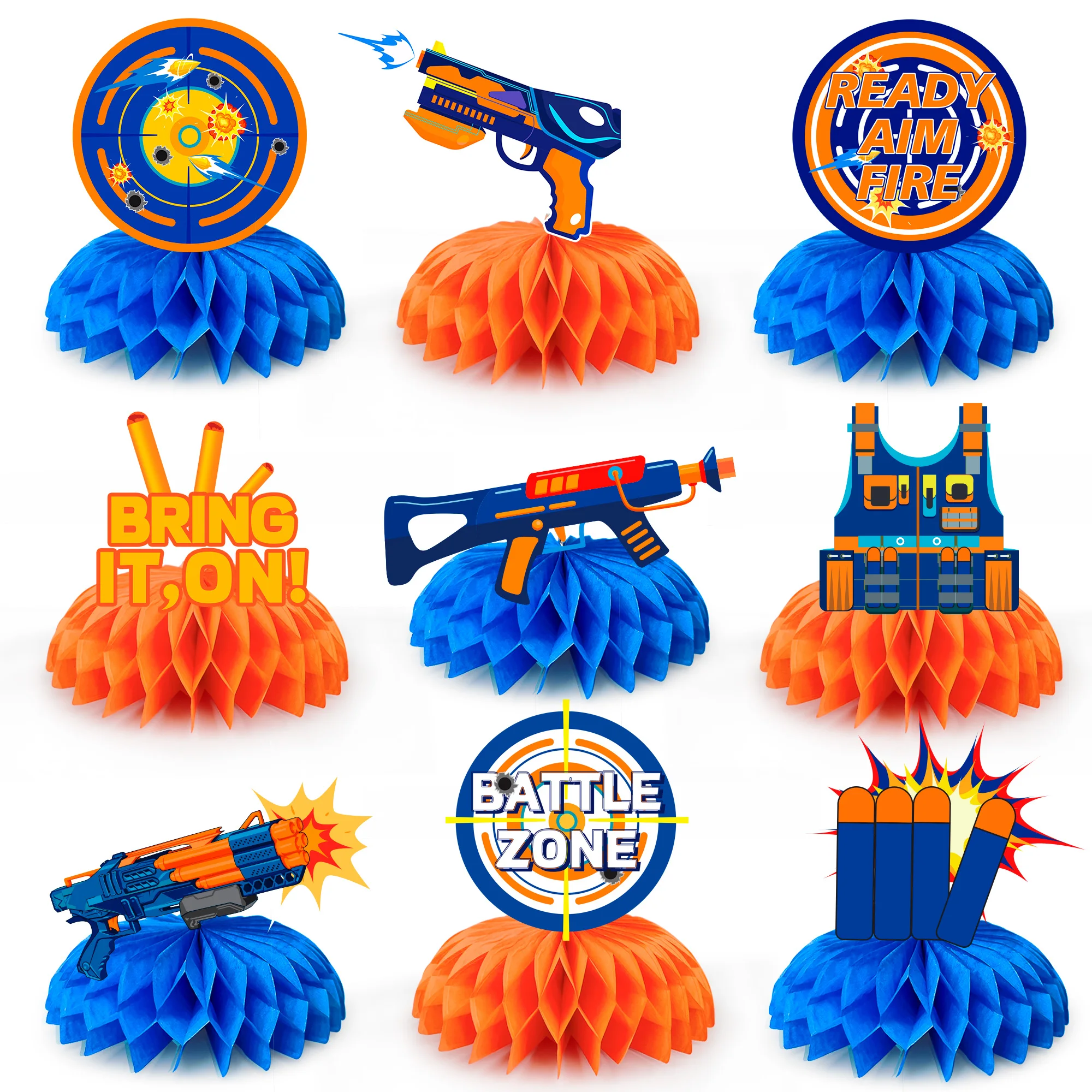 Centros de mesa de panal para fiesta de pistola de guerra de dardos-9 piezas de centro de mesa de guerra de dardos para mesa, centros de mesa de panal de cumpleaños de dardos de guerra para niños