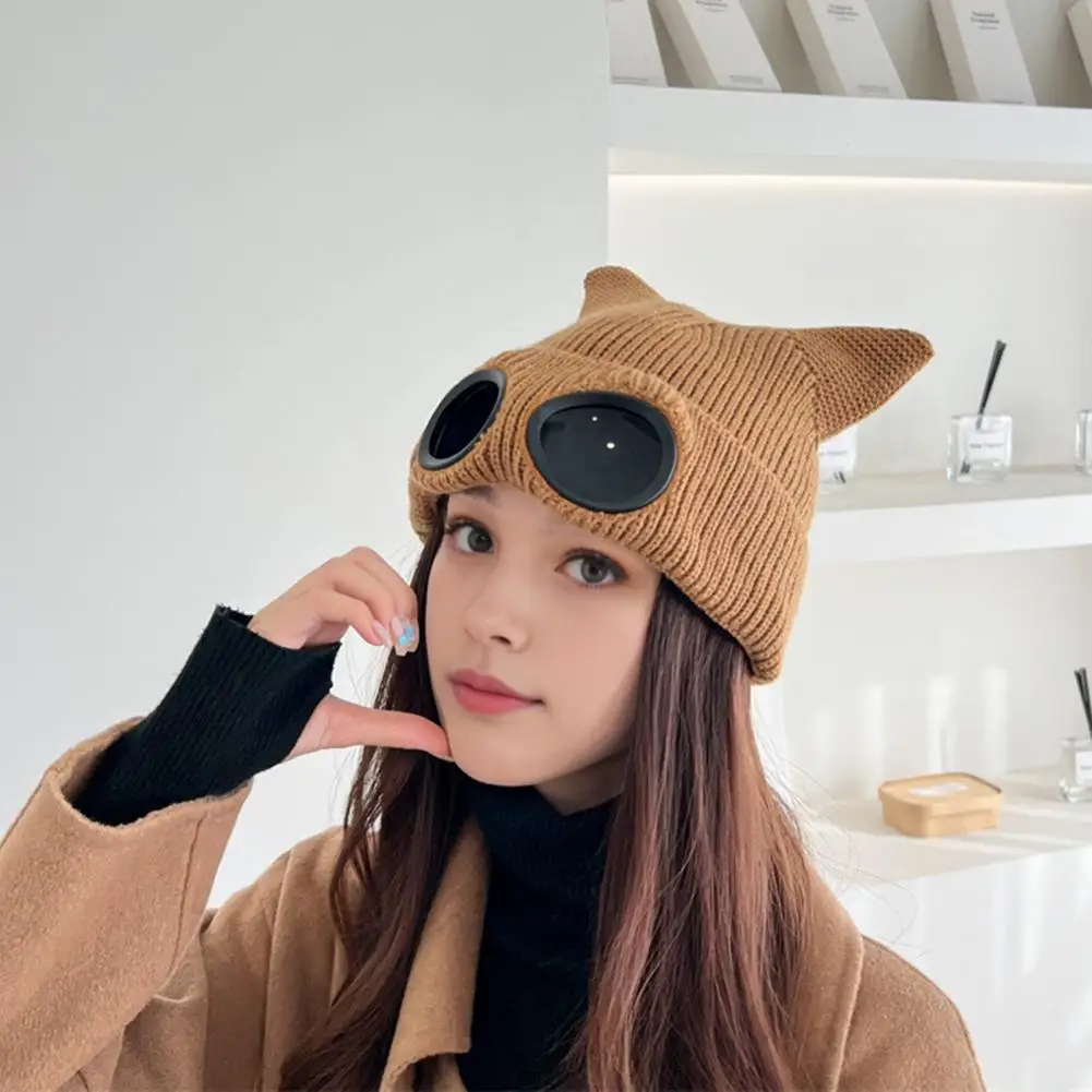 

Weather Knit Hat Cute Kitty Head Winter Hat with Goggle Decor Ball Detail Windproof Demon Cap for Women Warm Anti-slip Headwear