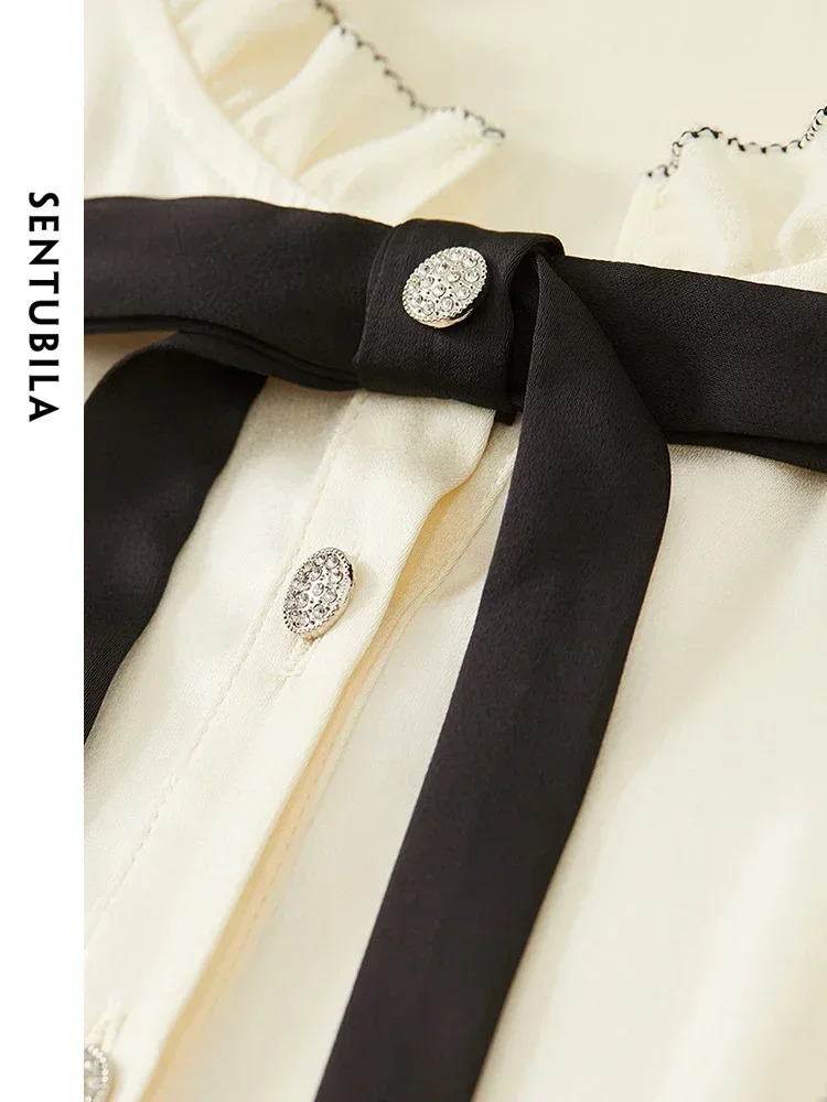 SENTUBILA Ruffled Bow Neck Chiffon Blouse for Women 2025 Spring Autumn Elegant Fashion Shirts Blouses Womens Tops 141V52357