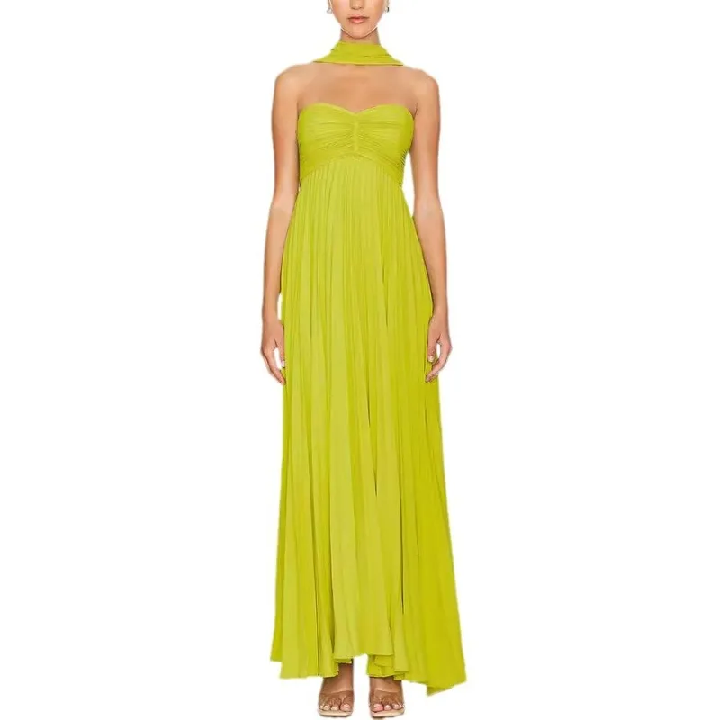 Elegant Strapless Pleated Long Dress for Women Sexy Sleeveless Backless Design Spring Summer New Arrival Lady Evening Party Robe