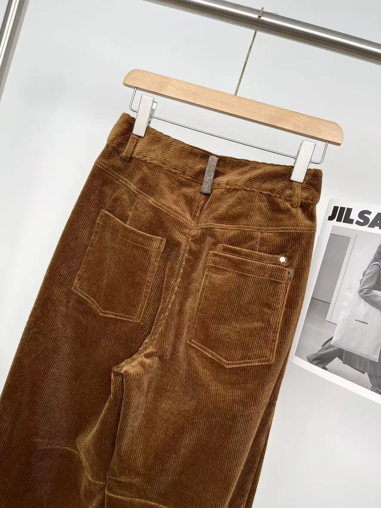 여성용 고급 비즈 장식 스트라이프 코듀로이 캐주얼 팬츠 와이드 레그 바지