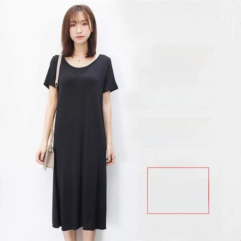 Women's Midi Dress round Neck Short Sleeve Modal A-Line Skirt Slimming Korean Style Commute Pure Color Loose Waist Summer