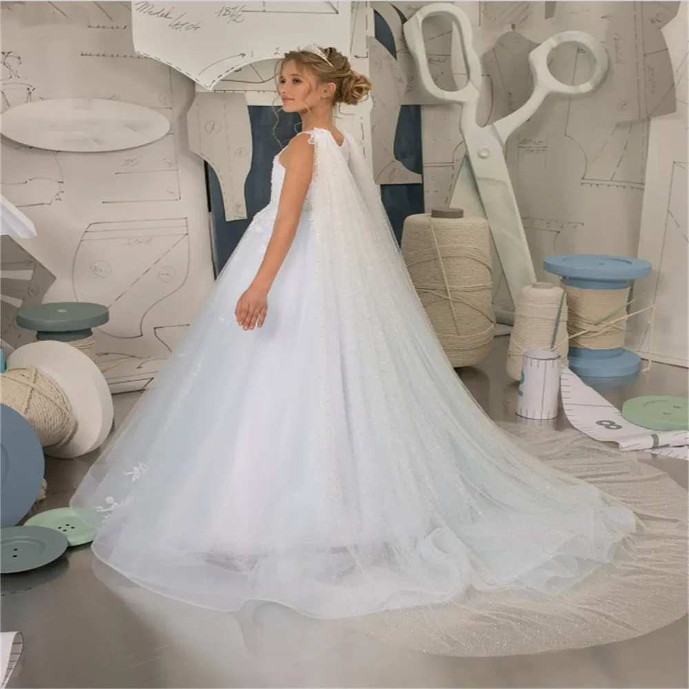 Weiße Tüll Blumen mädchen Kleider Spitze Applikation Hochzeit Donsig Prinzessin erste Eucharistie Geburtstags feier Kleid Kind Pasmaak Geschenk